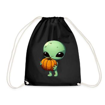 Green alien with Halloween pumpkin - Drawstring Bag - black - Front