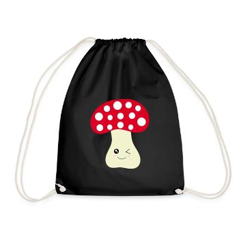Kawaii Mushroom Toadstool cute red with face - Drawstring Bag - black - Front