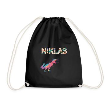 NIKLAS - Schöner Jungen Name mit Dinosaurier - Turnbeutel - Schwarz - Vorne
