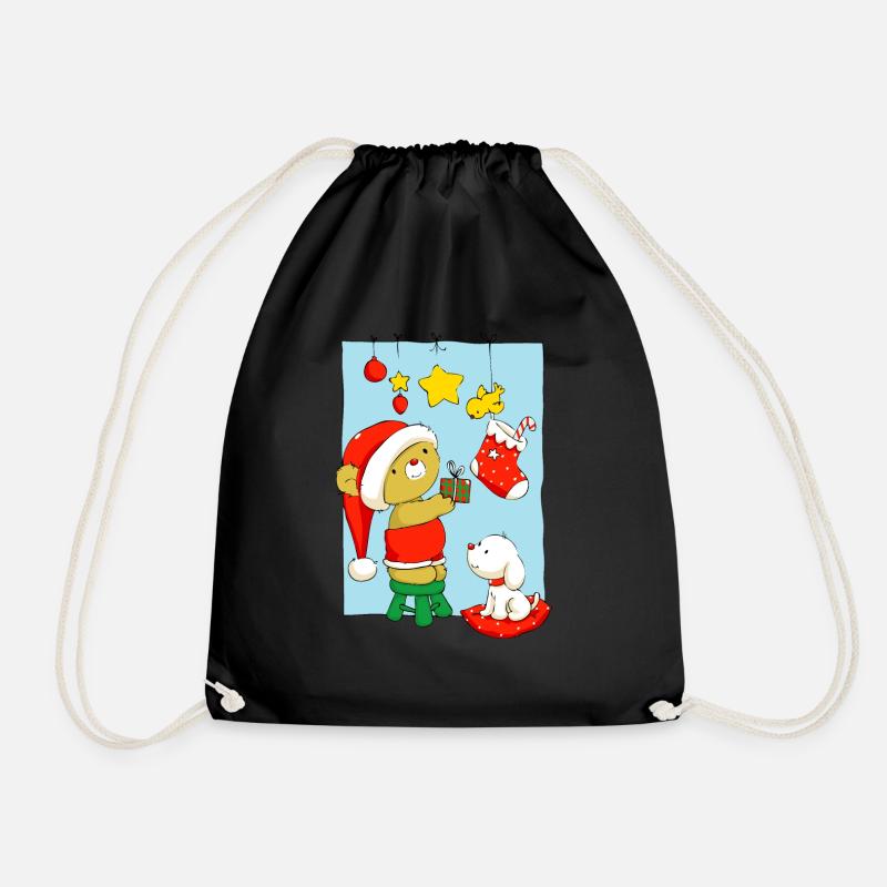 Christmas Bear doing Christmas decorations - Drawstring Bag - black
