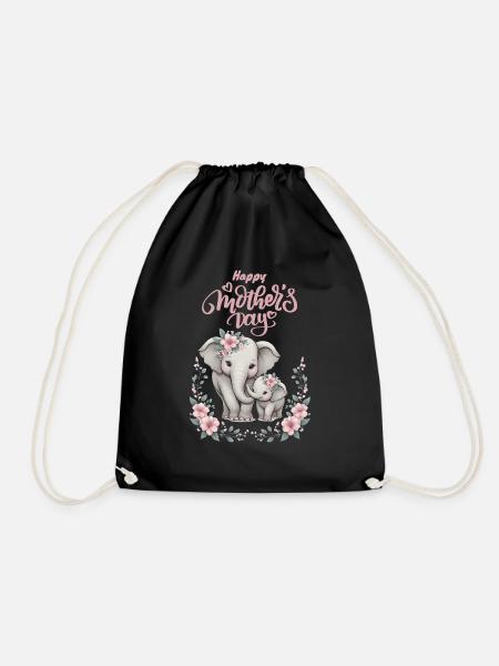 Mother's Love Elephant & Calf Floral Wreath - Turnbeutel - Schwarz