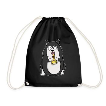 Fat Husky Dog Eating Pizza Funny Comic Style - Drawstring Bag - black - Front