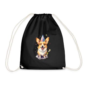 Corgi mit Geburtstagshütte - Turnbeutel - Schwarz - Vorne