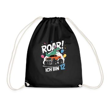 12th Birthday 12 Years Dino Monster Truck Fan - Drawstring Bag - black - Front