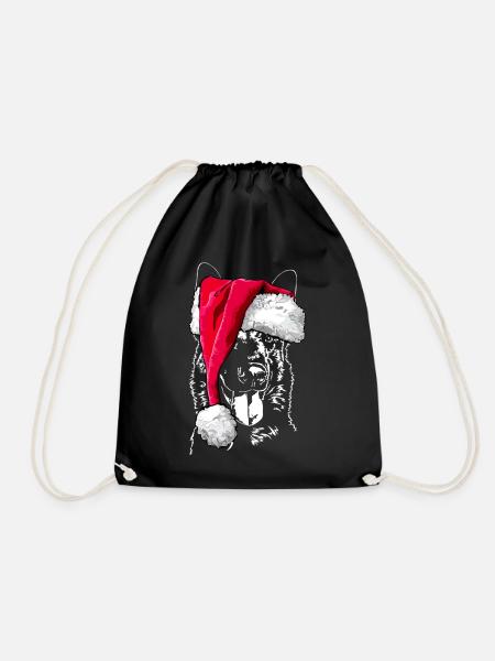 BELGIAN MALINOIS with hat christmas - Drawstring Bag - black