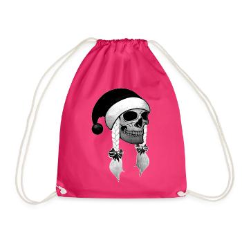 Skull Woman Christmas Beanie Braids - Drawstring Bag - fuchsia - Front