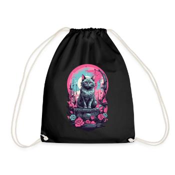 Gothic Pastel Cat with Moon and Roses - Drawstring Bag - black - Front