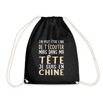 Dans ma tête je suis en Chine - Cadeau humour - Sac de sport léger - noir - Devant