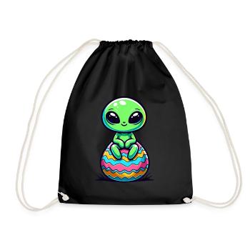 Cute Alien on Colorful Easter Egg - Drawstring Bag - black - Front