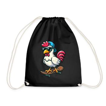 Funny Chicken Hen Rooster on Skateboard Comic - Drawstring Bag - black - Front