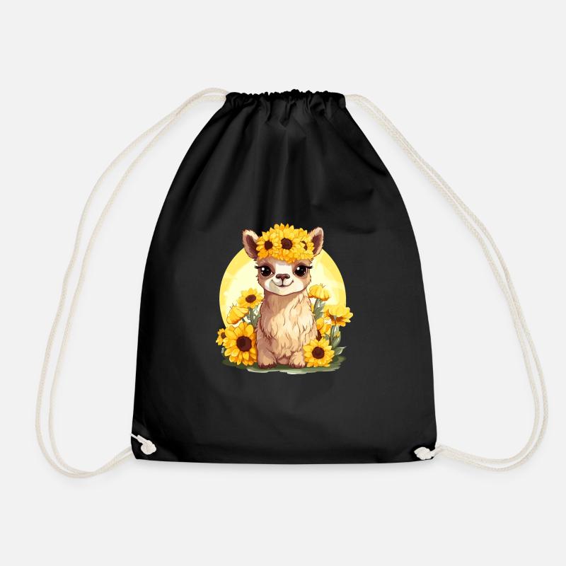 Alpaca with sunflowers - Drawstring Bag - black