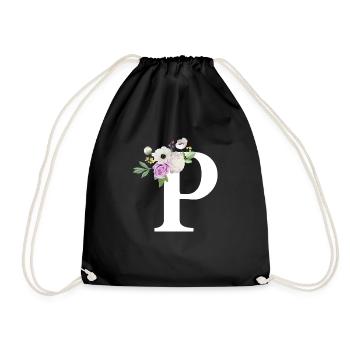Purple floral letter p - Drawstring Bag - black - Front