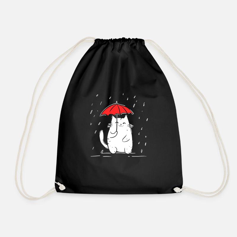 Red Umbrella Cat Rainy Day Cat - Drawstring Bag - black