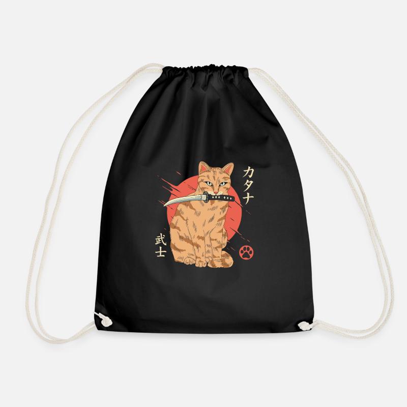 Cat with Katana Japan Cat Lovers - Drawstring Bag - black