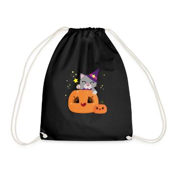 Cute halloween pumpkin witch cat - kawaii - Drawstring Bag - black - Front