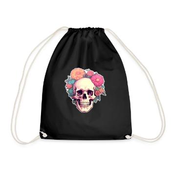 Human Skull & Flowers 2 - Drawstring Bag - black - Front