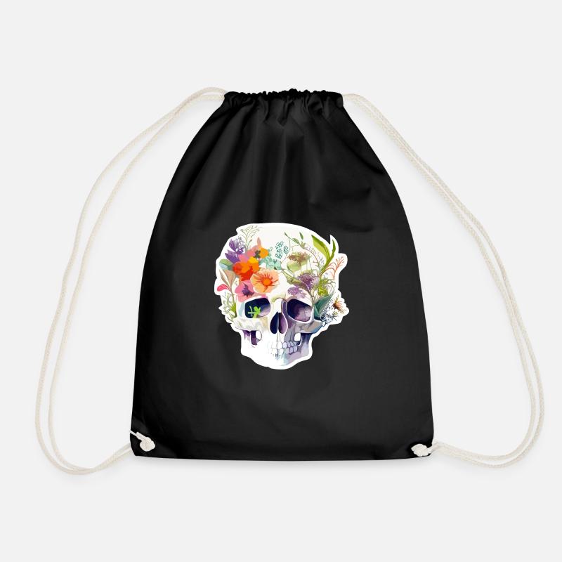 Human Skull and Flowers 11 - Drawstring Bag - black