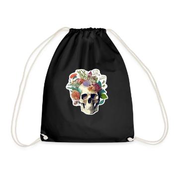 Human Skull & Flowers 25 - Drawstring Bag - black - Front