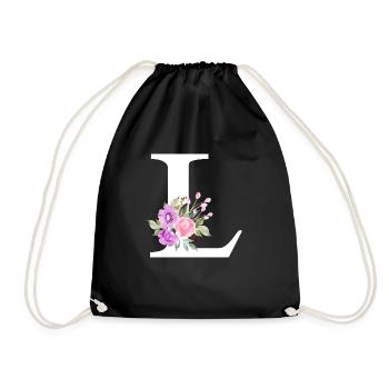 Purple Floral Letter L - Drawstring Bag - black - Front
