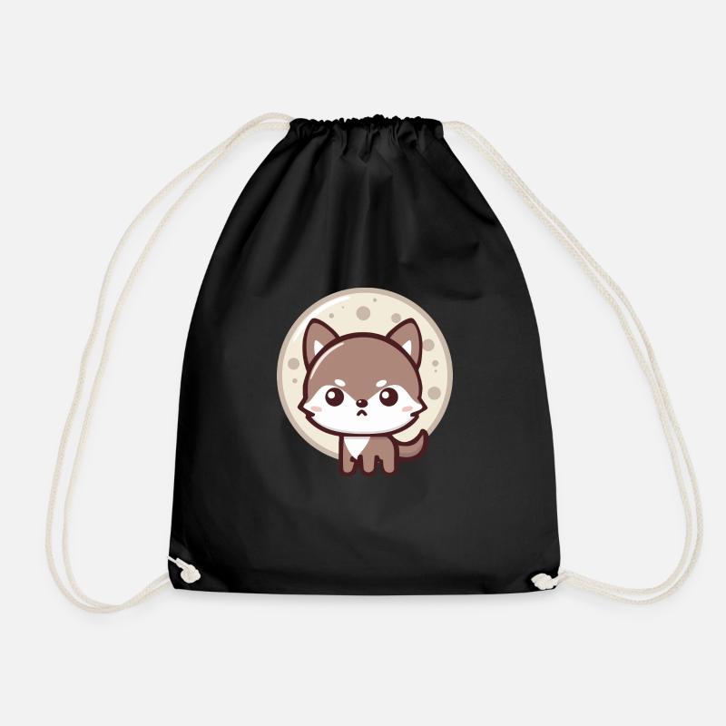 Lunar Spirit: Chibi Wolf with Full Moon - Drawstring Bag - black