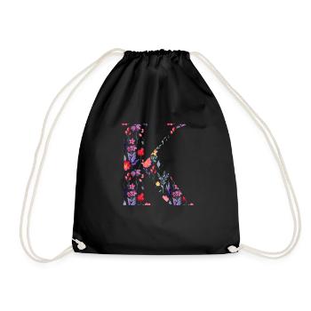 Personalisierter Blumenbuchstabe k - Geschenkidee - Turnbeutel - Schwarz - Vorne