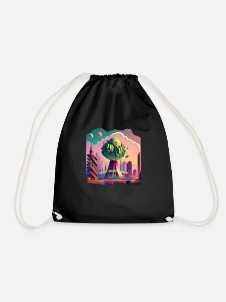 Futuristic cabbage city plant-based power - Drawstring Bag - black