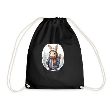 Lapin dans la neige avec chapeau, écharpe et manteau - Sac de sport léger - noir - Devant