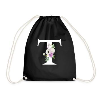 Purple Floral Letter T - Drawstring Bag - black - Front