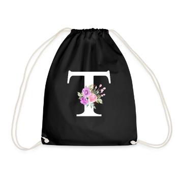 Purple Floral Letter T - Drawstring Bag - black - Front