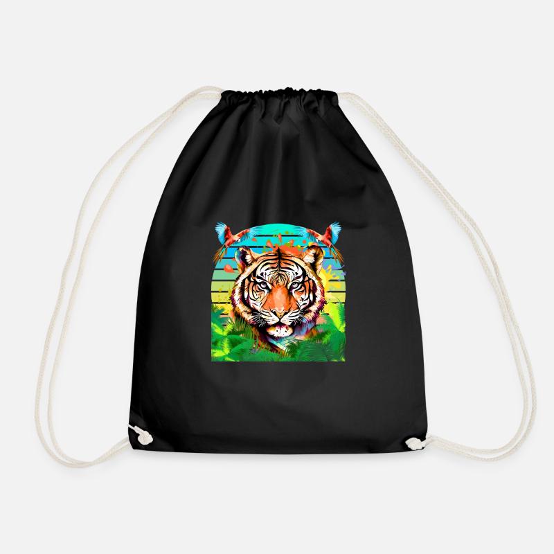 tiger and parrots - Drawstring Bag - black