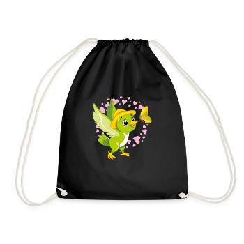 Cute green bird playing with butterfly - Drawstring Bag - black - Front