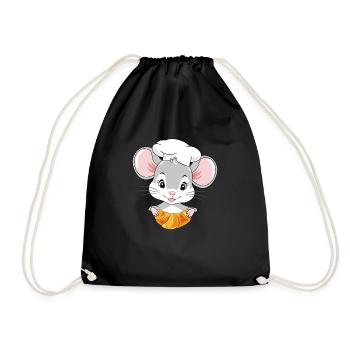 Cute peeking chef mouse with a croissant - Drawstring Bag - black - Front