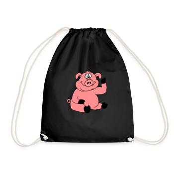 Niedliches Cartoon Comic Schwein Winkt Freundlich - Turnbeutel - Schwarz - Vorne