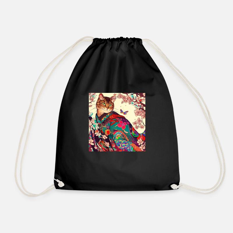 Cat Japanese - Drawstring Bag - black