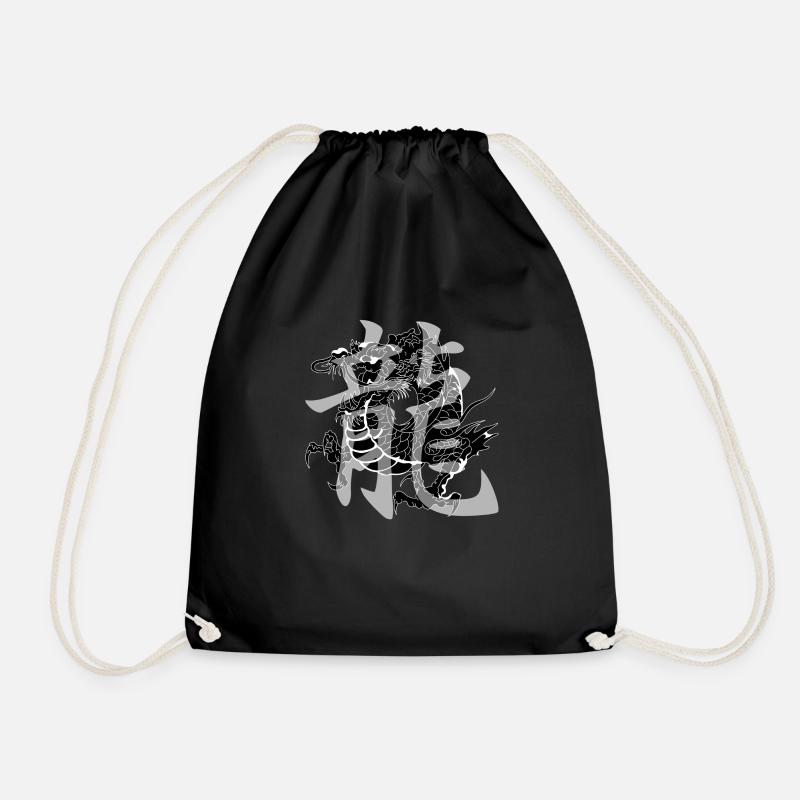 dragon29 black kanji dragon grey - Drawstring Bag - black
