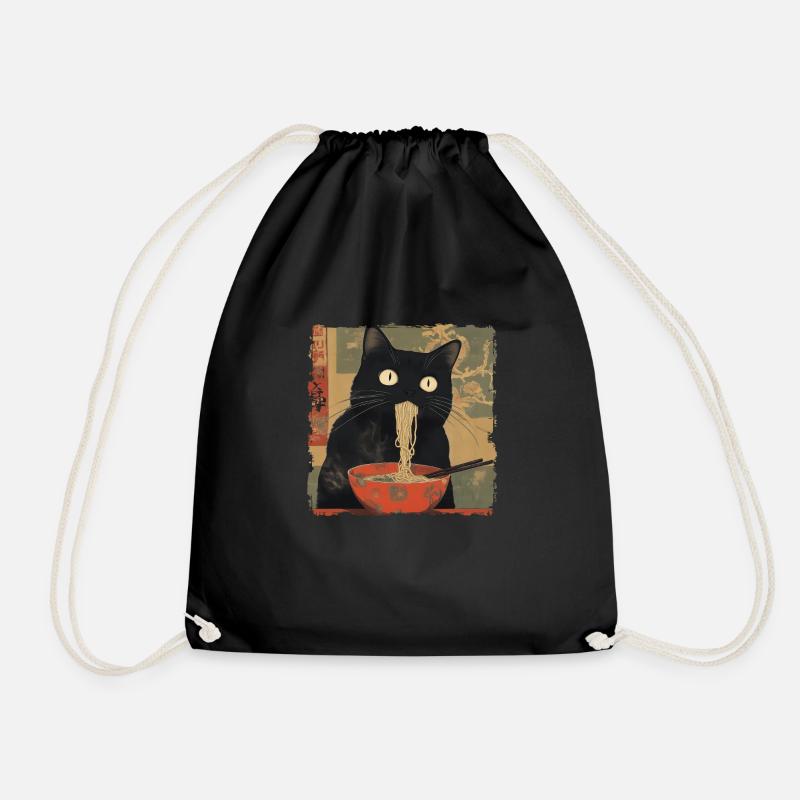 Anime Japanese Art Black Cat Ramen Ukiyo-e - Drawstring Bag - black