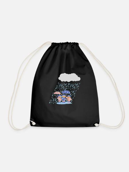 3 cute kids in the rain - Drawstring Bag - black