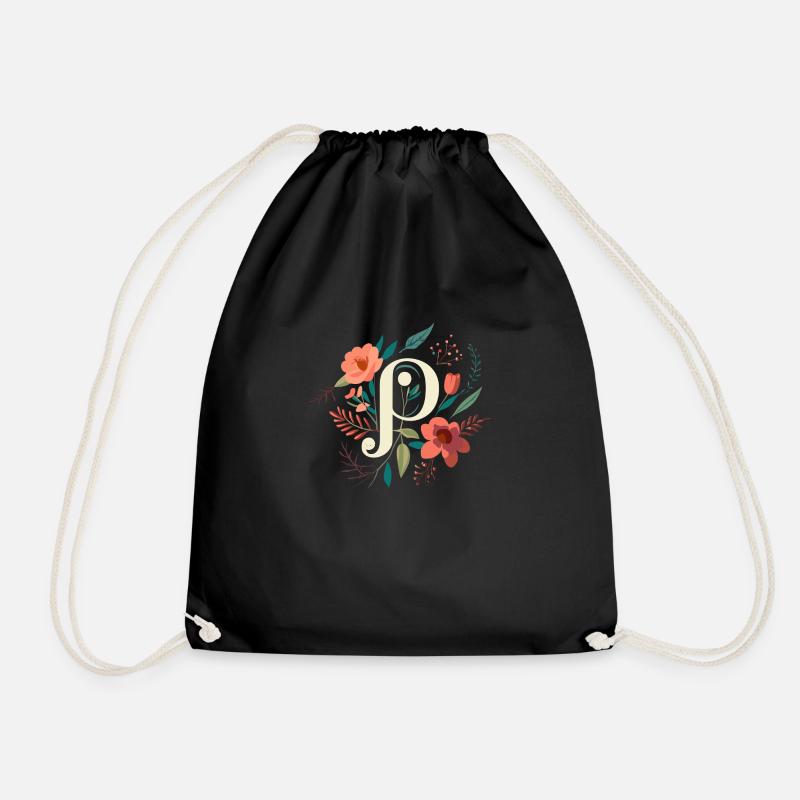P typography floral - Drawstring Bag - black