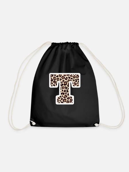 Buchstabe T Leopardenmuster - Geschenkidee zum Geburtstag - Turnbeutel - Schwarz