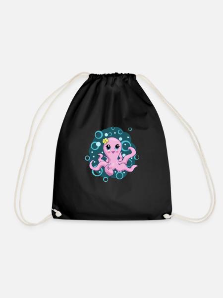 Cute Squid, Pink, Bubbles, Cute - Drawstring Bag - black
