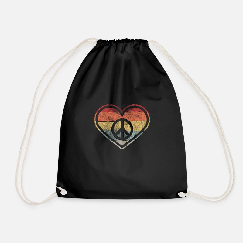Hippie Heart | Hippies Peace Sign Love Gift - Drawstring Bag - black