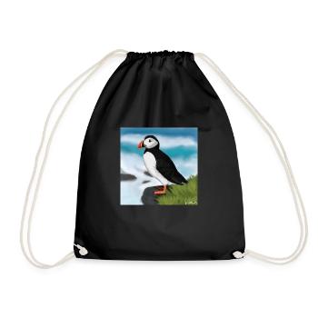 Painted Atlantic Puffin Bird Design Illustration - Drawstring Bag - black - Front