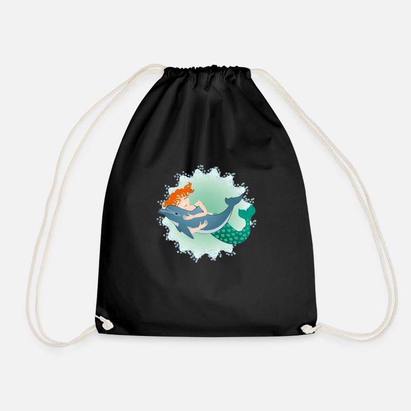 Mermaid and Dolphin - Drawstring Bag - black