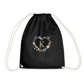 Customizable Monogram K Heart Floral - Drawstring Bag - black - Front