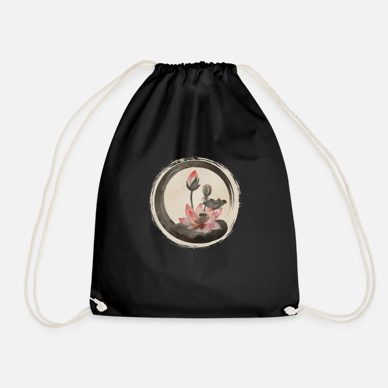 Enso Zen Circle and Lotus - Drawstring Bag - black