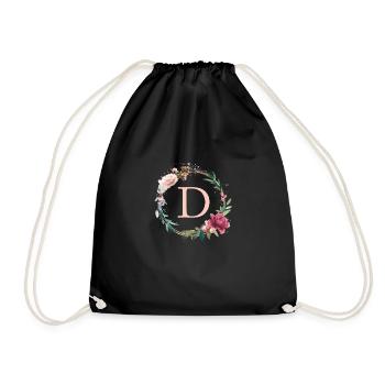 Customizable Monogram D Flowers Circle Boho - Drawstring Bag - black - Front