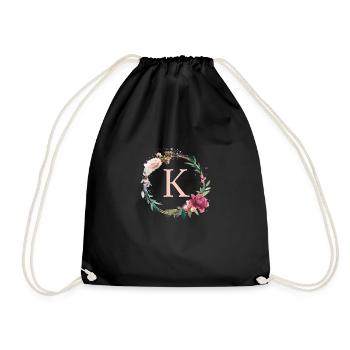 Personalisierbar Monogramm K Blumen Kreis Boho - Turnbeutel - Schwarz - Vorne
