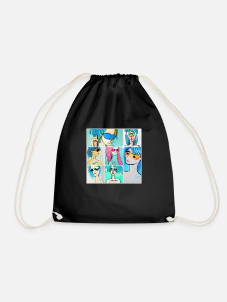 Blue Hair Cosplay Collage - Drawstring Bag - black