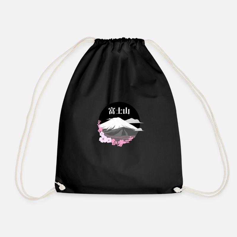 Fujisan Japanese volcano with cherry blossoms Sakura - Drawstring Bag - black