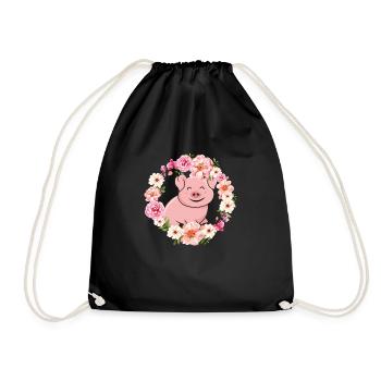 Farmer farm animal gift flowers pig - Drawstring Bag - black - Front